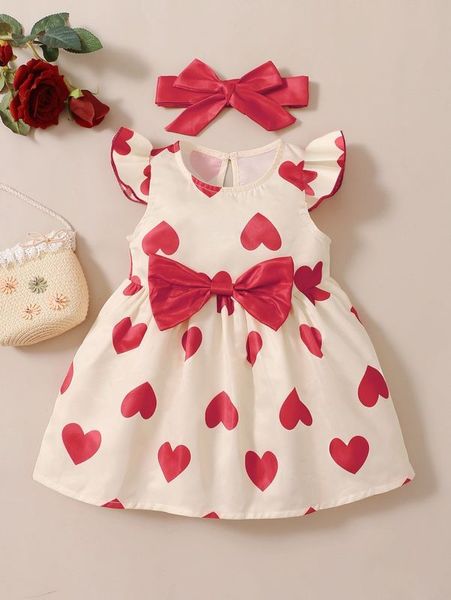 baby heart print bow front butterfly sleeve dress with headband she, Red;yellow
baby heart print bow front butterfly sleeve dress with headband she, Red;yellow