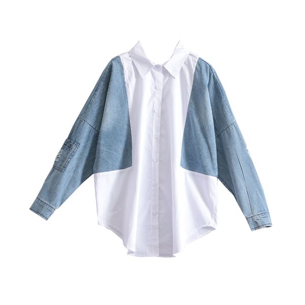 women's blouses & shirts stitching denim cotton loose pluz size wild and female fashion casual clothing 9cgw, White
women's blouses & shirts stitching denim cotton loose pluz size wild and female fashion casual clothing 9cgw, White