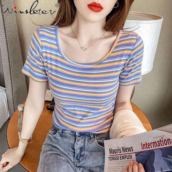 women's t-shirt summer korean clothes short cotton chic striped elastic women loose sleeve all match tees 2021 t15728a, White
women's t-shirt summer korean clothes short cotton chic striped elastic women loose sleeve all match tees 2021 t15728a, White