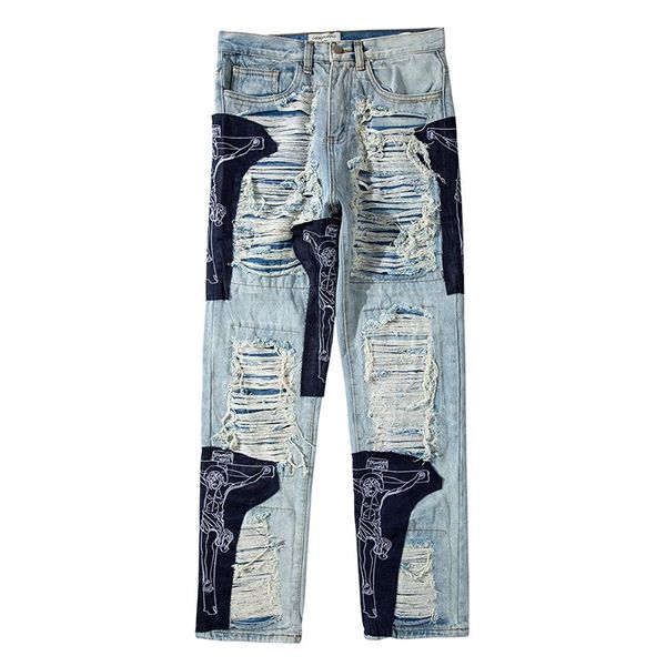 high street oversize baggy jean hole fringe embroidery pants mens color block tassel ripped retri denim trousers, Blue
high street oversize baggy jean hole fringe embroidery pants mens color block tassel ripped retri denim trousers, Blue