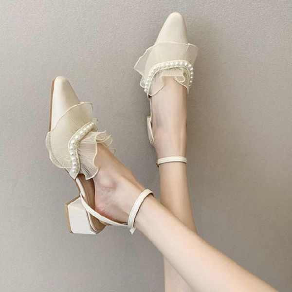 sandals pearl ruffled elegant temperament ladies high-heeled summer mid-heel fashion all-match solid color french women's shoes., Black
sandals pearl ruffled elegant temperament ladies high-heeled summer mid-heel fashion all-match solid color french women's shoes., Black