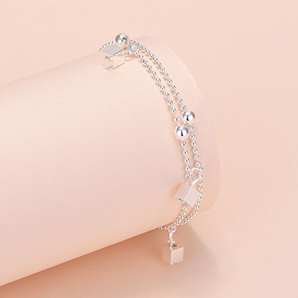 925 silver plated square bead bracelet women's geometry double layer creative hand net red jewelry, Black
925 silver plated square bead bracelet women's geometry double layer creative hand net red jewelry, Black