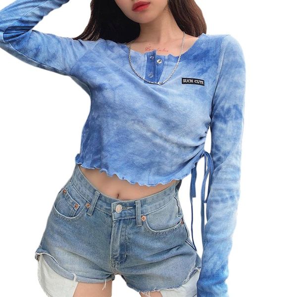 women's t-shirt ladies long sleeve autumn women temperament random dyeing printing stringy round collar slim casual base shirt, White 
women's t-shirt ladies long sleeve autumn women temperament random dyeing printing stringy round collar slim casual base shirt, White