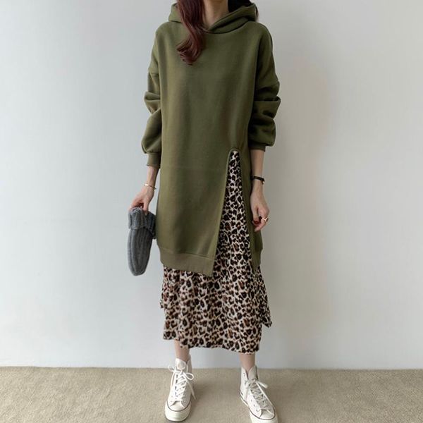 casual dresses vanovich korean style 2022 autumn fashion hooded cotton ladies dress leopard split fake two-piece women clothing, Black;gray 
casual dresses vanovich korean style 2022 autumn fashion hooded cotton ladies dress leopard split fake two-piece women clothing, Black;gray