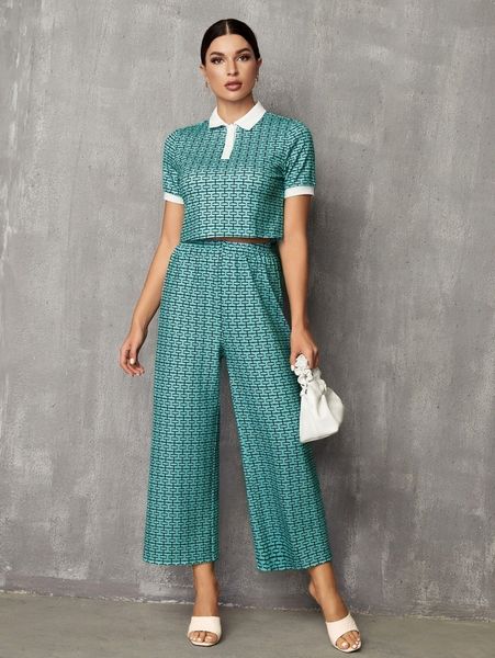 allover print polo tee & wide leg pants k3de#, White