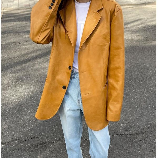 women's leather & faux korean loose fit solid color pu jacket lapel long sleeve women coat fashion tide spring 2021, Black
women's leather & faux korean loose fit solid color pu jacket lapel long sleeve women coat fashion tide spring 2021, Black