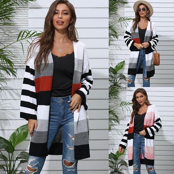 women's knits & tees 2021 autumn european and american style casual knitted cardigan long striped stitching contrast color sweater, White
women's knits & tees 2021 autumn european and american style casual knitted cardigan long striped stitching contrast color sweater, White
