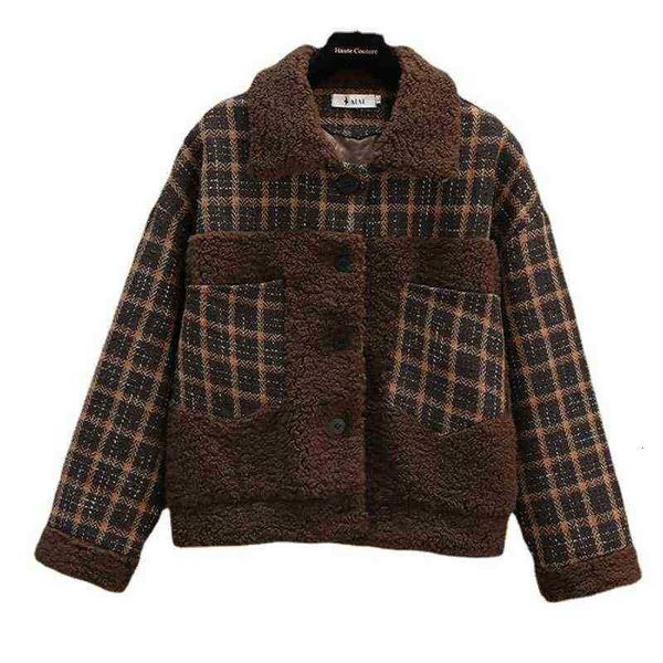 lamb wool et women's 2021 autumn and winter plaid cotton splicing short, Black 
lamb wool et women's 2021 autumn and winter plaid cotton splicing short, Black