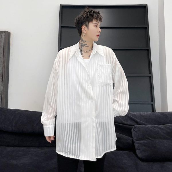 men's casual shirts spring oversize long-sleeved fashion men streetwear korean loose striped mens dress, White;black
men's casual shirts spring oversize long-sleeved fashion men streetwear korean loose striped mens dress, White;black