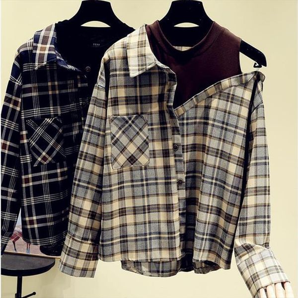 vintage off shoulder women shirts patchwork plaid long sleeve fake two piece pockets shirt spring casual clothes, White
vintage off shoulder women shirts patchwork plaid long sleeve fake two piece pockets shirt spring casual clothes, White
