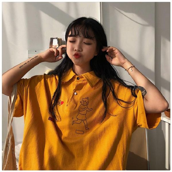 women's t-shirt harajuku turn-down collar cartoon casual fashion big size loose female summer tees half-sleeved cute cotton, White
women's t-shirt harajuku turn-down collar cartoon casual fashion big size loose female summer tees half-sleeved cute cotton, White