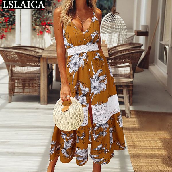 

elegant women's dress v-neck sling print lace patchwork maxi fashion boho high waist thigh slit beach party 210520, Black;gray