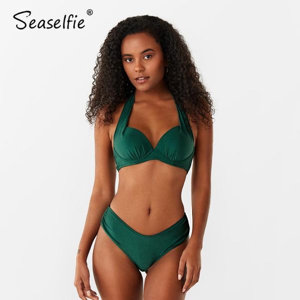 women's swimwear seaselfie underwire halter mid-waist bikini set women swimsuit push up green bikinis two pieces 2021 swimming suit, White;black
women's swimwear seaselfie underwire halter mid-waist bikini set women swimsuit push up green bikinis two pieces 2021 swimming suit, White;black