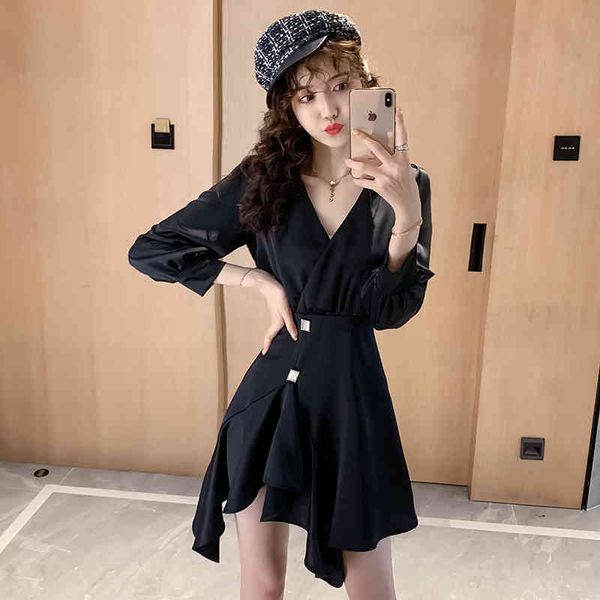 spring autumn women's long-sleeved black dress v-neck fashion hem irregular women party dress gd516 210506, Black;gray
spring autumn women's long-sleeved black dress v-neck fashion hem irregular women party dress gd516 210506, Black;gray