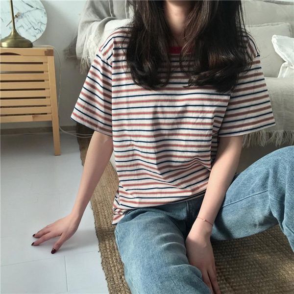 women's t-shirt fashion summer casual t shirt short sleeve o-neck korean style striped loose tee, White
women's t-shirt fashion summer casual t shirt short sleeve o-neck korean style striped loose tee, White