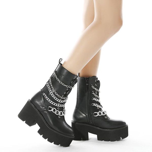 thick bottom fashion chain boots women high heel motorcycle punk style designer leather woman platform ankle, Black
thick bottom fashion chain boots women high heel motorcycle punk style designer leather woman platform ankle, Black