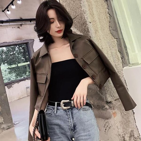 women's leather & faux arrival women jacket female coat single-breasted short outwear, Black
women's leather & faux arrival women jacket female coat single-breasted short outwear, Black