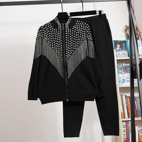 women's two piece pants autumn fashion rivet chain tassel knit tracksuits outfits female loose red black zipper cardigan sweater pencil, White
women's two piece pants autumn fashion rivet chain tassel knit tracksuits outfits female loose red black zipper cardigan sweater pencil, White