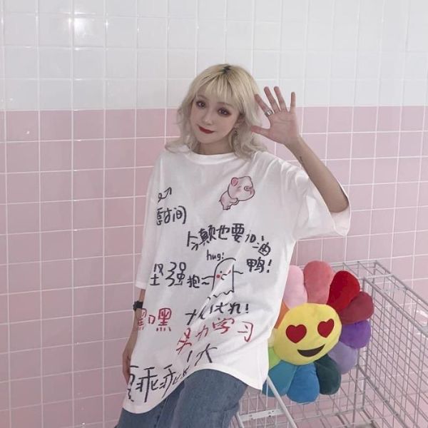summer round ne half sleeve t-shirt korean version junior high school students loose female cartoon chinese words white, Black
summer round ne half sleeve t-shirt korean version junior high school students loose female cartoon chinese words white, Black