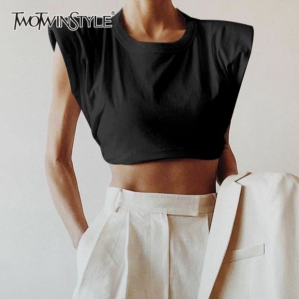 twotwinstyle minimalist women t shirt o neck sleevelesss elegant short t-shirt for female fashion clothing spring summer 210408, White
twotwinstyle minimalist women t shirt o neck sleevelesss elegant short t-shirt for female fashion clothing spring summer 210408, White