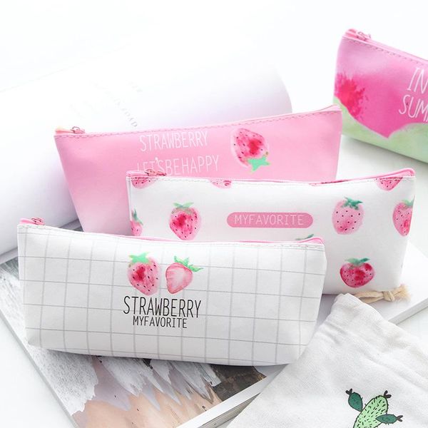 1pc lovely pu strawberry pencil case leather pen holder cute stationary bag bags