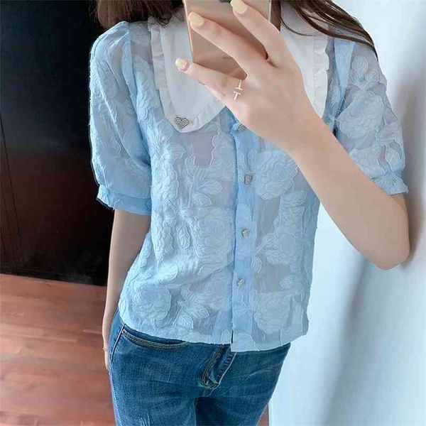 heart beading buttons korean chiffon mesh perspective jacquard short sleeve doll collar shirts women summer blouse 210601, White
heart beading buttons korean chiffon mesh perspective jacquard short sleeve doll collar shirts women summer blouse 210601, White