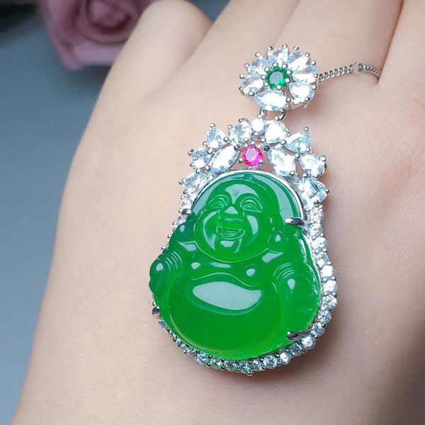 925 silver lnlaid natural ice green chalcedony buddha pendant exquisite necklace jewelry christmas gift for ladies, Black;brown
925 silver lnlaid natural ice green chalcedony buddha pendant exquisite necklace jewelry christmas gift for ladies, Black;brown