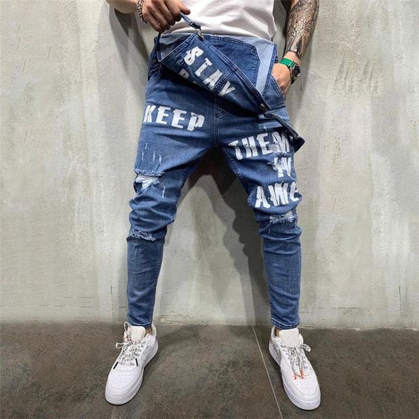 men's jeans 2021 fashion ripped jumpsuits ankle length letter printing distressed denim bib overalls for men suspender pants, Blue
men's jeans 2021 fashion ripped jumpsuits ankle length letter printing distressed denim bib overalls for men suspender pants, Blue