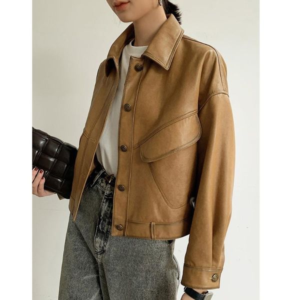women's leather & faux elegant temperament turn-down collar single-breasted jacket with pockets womens casual solid loose sheepskin out, Black
women's leather & faux elegant temperament turn-down collar single-breasted jacket with pockets womens casual solid loose sheepskin out, Black