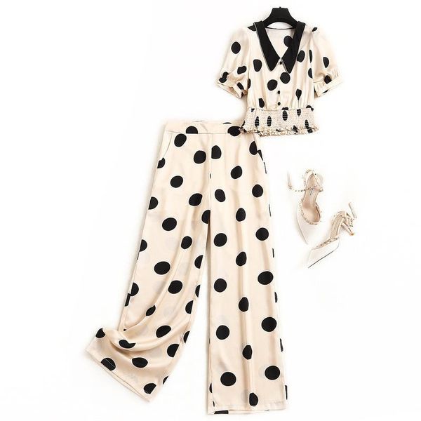 women's tracksuits boutique polka dot 2 piece set women 2021 summer lapel button decorative chiffon shirt straight pants two, Gray
women's tracksuits boutique polka dot 2 piece set women 2021 summer lapel button decorative chiffon shirt straight pants two, Gray