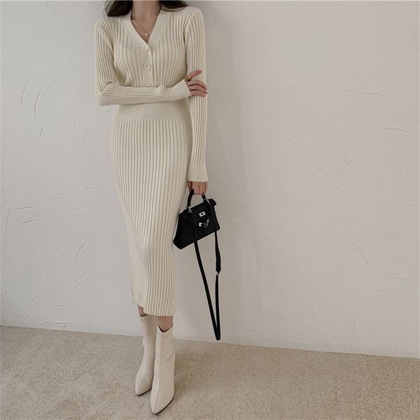 design knitted long sleeve dress women slim bodycon autumn korean elegant fall winter button v neck sweater midi ribbed dress c, White;black
design knitted long sleeve dress women slim bodycon autumn korean elegant fall winter button v neck sweater midi ribbed dress c, White;black