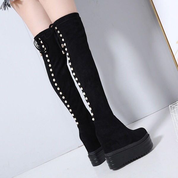 within increased long tube boots europe and america over the knee 14cm super high-heel womens wedges high, Black 
within increased long tube boots europe and america over the knee 14cm super high-heel womens wedges high, Black
