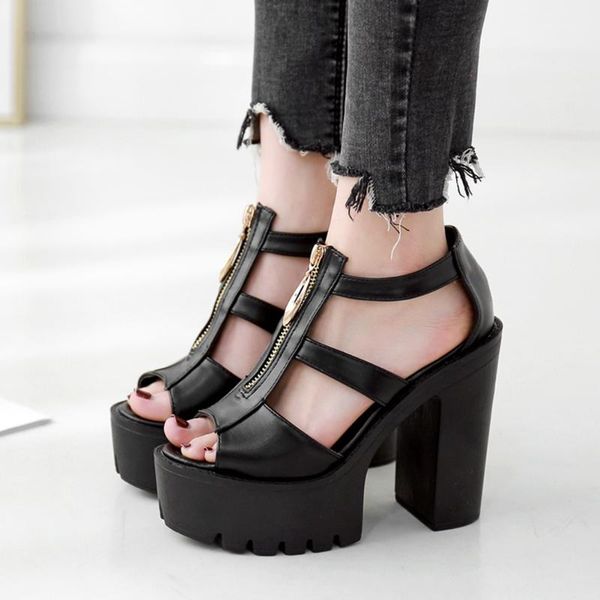 women shoes solid zipper peep toe platform sandals square heel rome mature, Black
women shoes solid zipper peep toe platform sandals square heel rome mature, Black