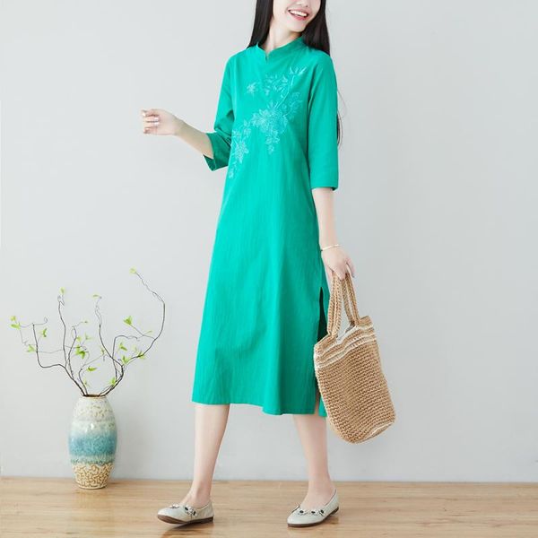 national wind women dress three quarter sleeve cotton linen embroidery loose dresses red green 7056 casual, Black;gray
national wind women dress three quarter sleeve cotton linen embroidery loose dresses red green 7056 casual, Black;gray