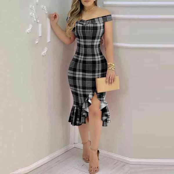 fashion plaid off shoulder ruffle women dress hem slit elegant party female high waist ruffles irregular midi, Black;gray
fashion plaid off shoulder ruffle women dress hem slit elegant party female high waist ruffles irregular midi, Black;gray