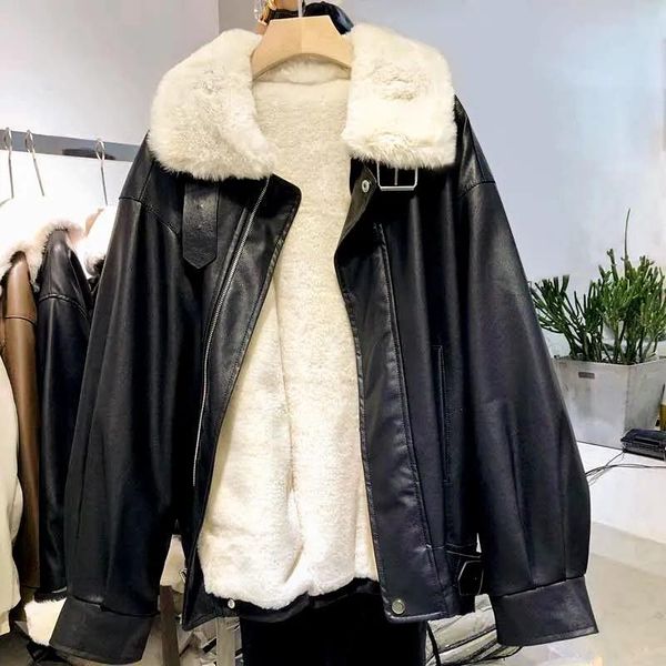 women's leather & faux pu motorcycle clothes loose korean zipper winter coat lamb cashmere cotton jacket short, Black
women's leather & faux pu motorcycle clothes loose korean zipper winter coat lamb cashmere cotton jacket short, Black