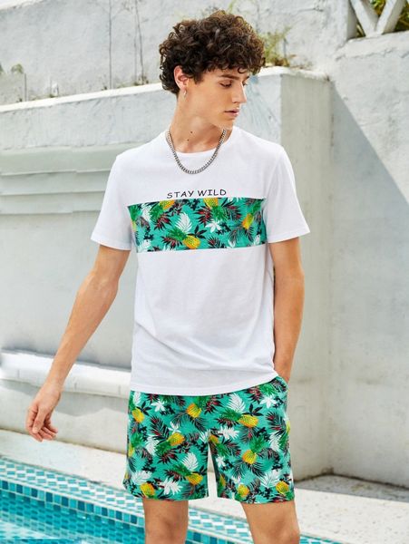 men slogan & tropical print tee and shorts set m5vb#, Gray