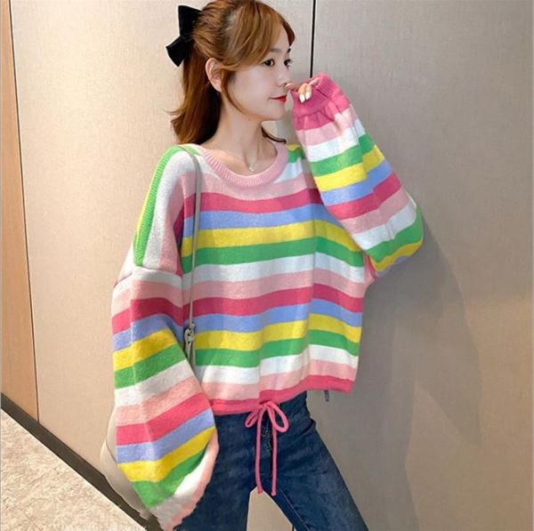 women's sweaters sweet rainbow striped sweater women autumn 2021 korean version loose lazy pullover trend, White;black
women's sweaters sweet rainbow striped sweater women autumn 2021 korean version loose lazy pullover trend, White;black