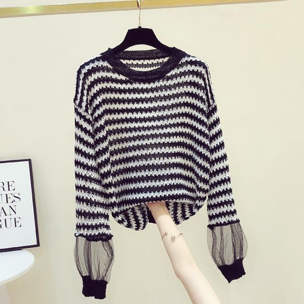 women's sweaters black and white striped knitwear hollow mesh stitching round neck 2021 autumn loose thin sweater ladies top, White;black
women's sweaters black and white striped knitwear hollow mesh stitching round neck 2021 autumn loose thin sweater ladies top, White;black