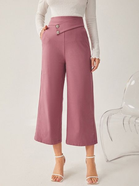 high waist fake button wide leg pants j66v#, Black;white