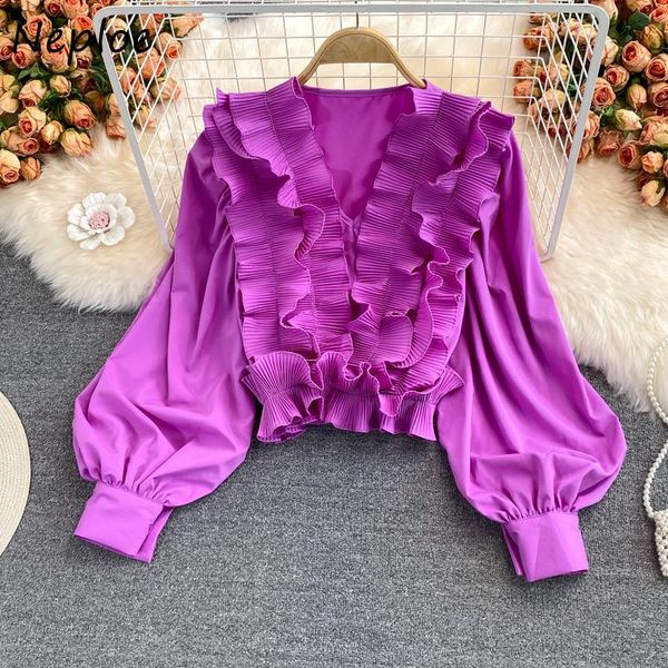 women's blouses & shirts neploe temperament lantern sleeve v-neck blouse female fall 2021 sweet ruffled ladies solid color short blusa, White
women's blouses & shirts neploe temperament lantern sleeve v-neck blouse female fall 2021 sweet ruffled ladies solid color short blusa, White