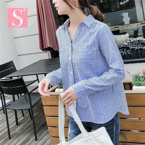 fashion 2021 spring autumn women blue stripe double pockets blouse ladies turn-down collar shirts blusas feminina women's blouses &, White
fashion 2021 spring autumn women blue stripe double pockets blouse ladies turn-down collar shirts blusas feminina women's blouses &, White