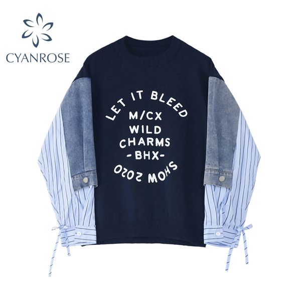 women's knit patchwork fake two-piece autumn fashion long sleeve shirt female casual oversize o neck pullovers sweater 210417, White;black
women's knit patchwork fake two-piece autumn fashion long sleeve shirt female casual oversize o neck pullovers sweater 210417, White;black