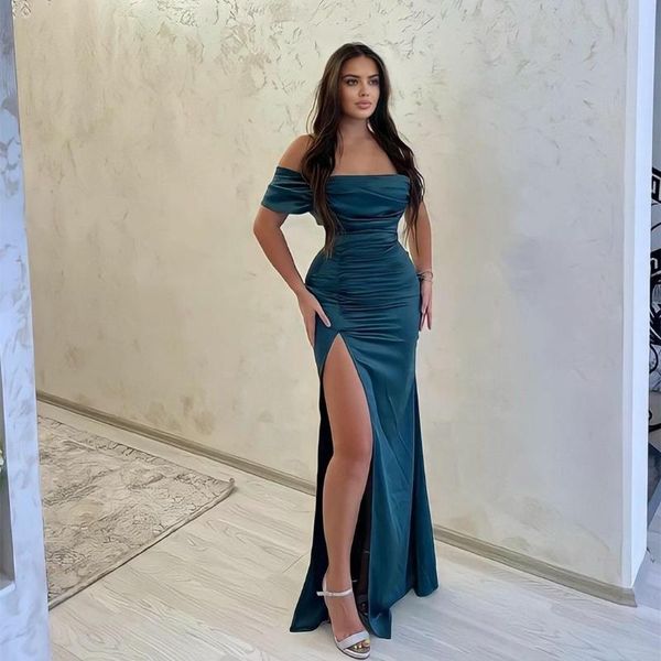 party dresses long satin teal blue evening with slit mermaid corset back pleated robes de mariée gowns for women, White;black
party dresses long satin teal blue evening with slit mermaid corset back pleated robes de mariée gowns for women, White;black