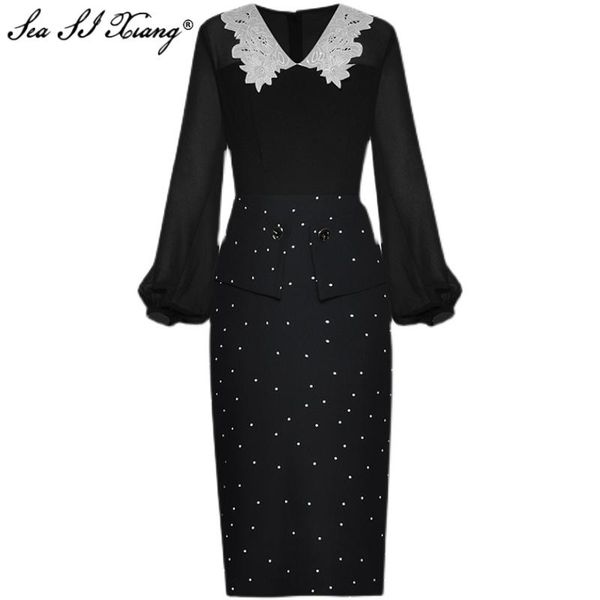 seasixiang fashion designer spring dress women's embroidery sequinsturn-down collar lantern sleeve dots black pencil dresses casual, Black;gray
seasixiang fashion designer spring dress women's embroidery sequinsturn-down collar lantern sleeve dots black pencil dresses casual, Black;gray