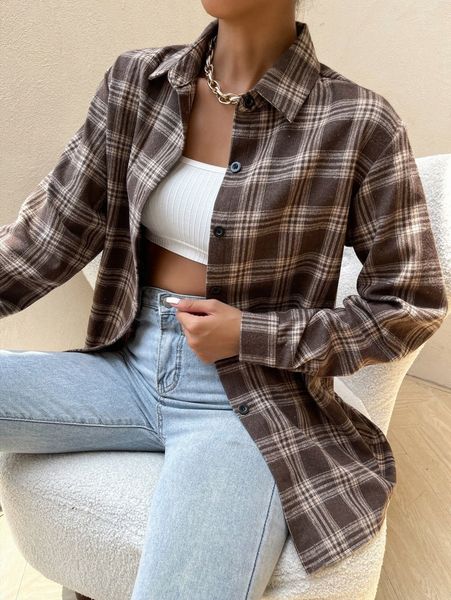 tartan print curved hem blouse 02gh#, White