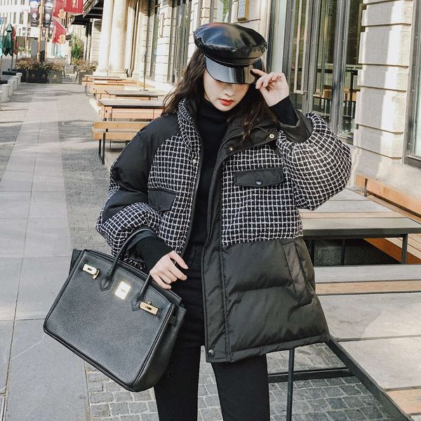xiaoxiangfeng lattice stitched down cotton jacket women's short winter loose, Black
xiaoxiangfeng lattice stitched down cotton jacket women's short winter loose, Black