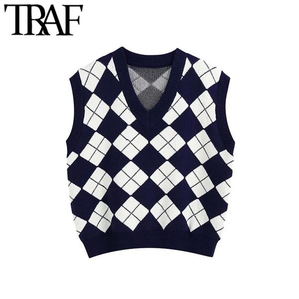 women fashion england style argyle pattern knitted vest sweater vintage sleeveless loose female waistcoat chic 210507, White 
women fashion england style argyle pattern knitted vest sweater vintage sleeveless loose female waistcoat chic 210507, White