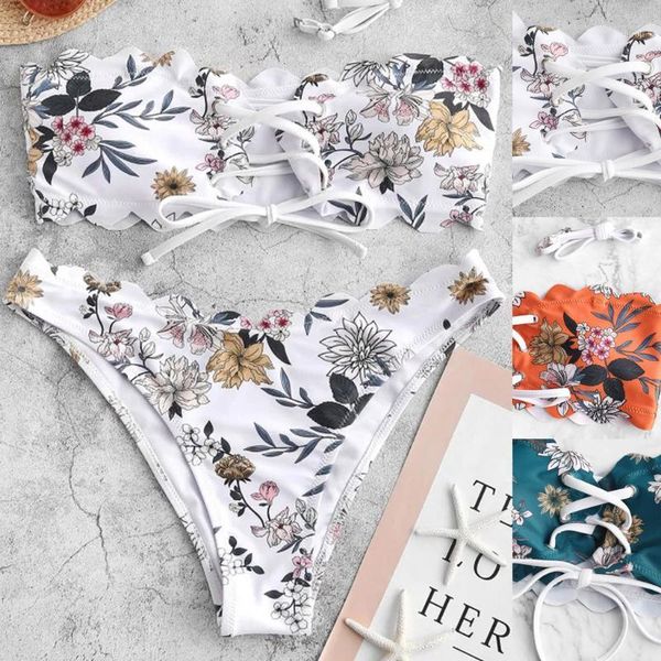 women's swimwear 2021 womens floral print lace-up scalloped bandeau bikini set femme push-up high waist swimsuit biquini women, White;black
women's swimwear 2021 womens floral print lace-up scalloped bandeau bikini set femme push-up high waist swimsuit biquini women, White;black