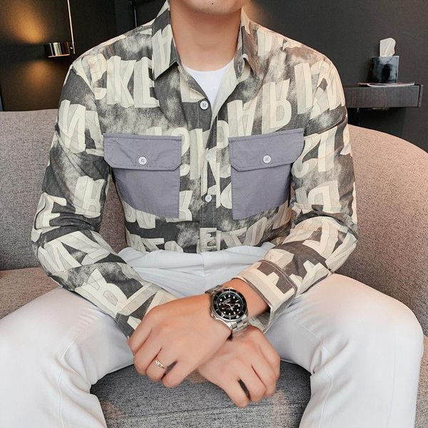 men's casual shirts korean long sleeve letter flower shirt double pocket fashion sports comfortable party mens social, White;black
men's casual shirts korean long sleeve letter flower shirt double pocket fashion sports comfortable party mens social, White;black